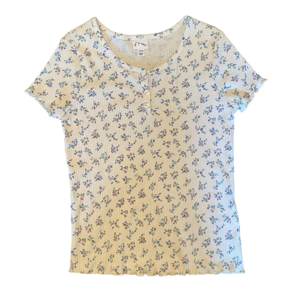 Girls art class top white background with blue purple & green flowers sz L 10-12 - Picture 1 of 4
